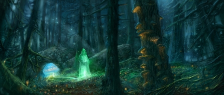 The wanderer - wanderer, forest, fantasy, tree, luminos, art, green