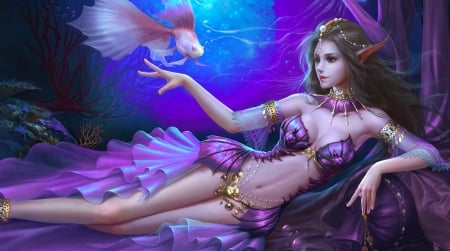 Koi Mistress - woman, girl, wallpaper, fantasy, art, pretty, blue, koi, fish, digital