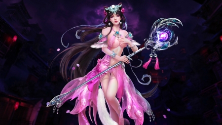 Magic Staff - woman, art, pretty, girl, ruoxin zhang, digital, wallpaper, fantasy