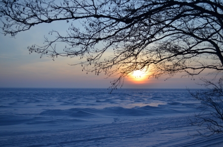 Winter evening - bay, ice, sunset, snow