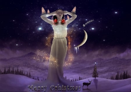 CHRISTMAS - moon, sky, stars, trees, female, deer, christmas, forest, snow