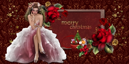 MERRY CHRISTMAS - WHITE, PINK, DRESS, CHRISTMAS, FAWN, FEMALE, RED, FLOWERS