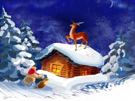 Winter fairytale - cottage, mountain, winter, deer, christmas, watchers, fairytale, art, evening