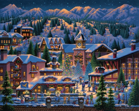 Rock Mountain Christmas - christmas, pictura, eric dowdle, painting, city, art, rock mountain