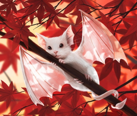 Mouse Dragon - autumn, wings, leaf, fantasy, white, red, stefaniedworschak, dragon, mouse, bat