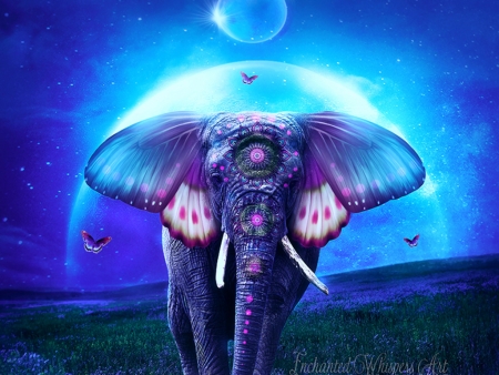 Gentle giant - fantasy, enchantedwhispersart, elephant, blue, purple, butterfly, luminos