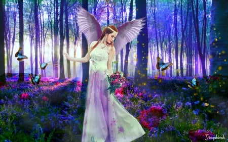 Angel - flower, forest, pink, girl, blue, wings, fantasy, butterfly, yingakirah, luminos, angel