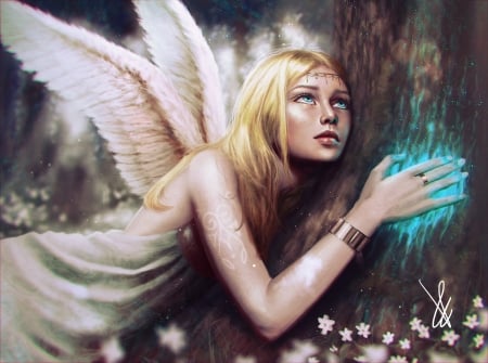 Angel - paulina bochniak, fantasy, wings, girl, angel, art, tree, luminos