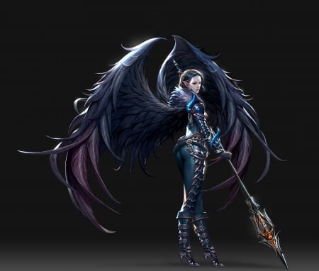 Dark angel - black, fantasy, kim ssang, wings, girl, angel, dark, luminos