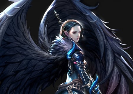 Angel - wings, fantasy, black, kim ssang, luminos, girl, angel