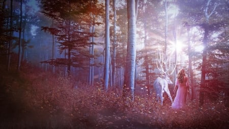 Into the forest - cerb, annewipf, girl, forest, pink, fantasy, white, autumn, deer, luminos