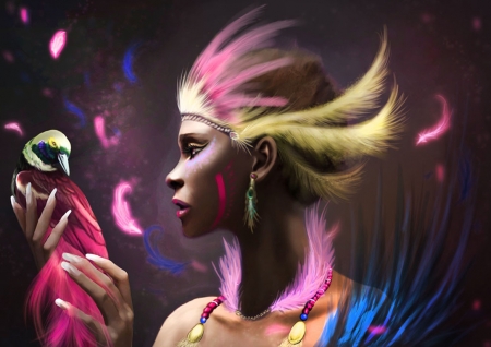 Papua's legend of Cendrawasihs - feather, pink, bird, azizah assattari, girl, blue, art, fantasy, hand, pasari, papuas legend of cendrawasihs, luminos