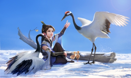 :) - bird, winter, blue, girl, frumusete, fantasy, white, iarna, cute, crane, luminos