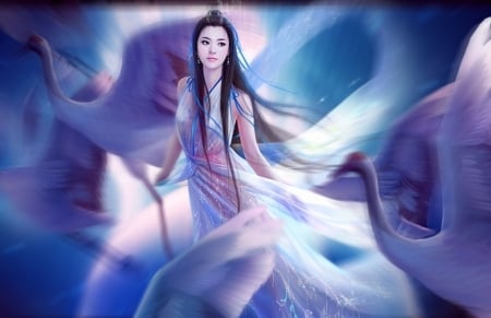 Fantasy girl - purple, bird, blue, wings, white, hiliuyun, fantasy, crane, asian, luminos