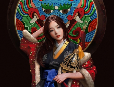 Joseon Dynasty - joseon dynasty, girl, asian, black, fantasy, choong yeol lee, red, luminos, green