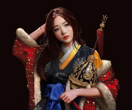 Joseon Dynasty - black, choong yeol lee, joseon dynasty, fantasy, red, girl, asian, luminos