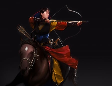 Joseon Dynasty - joseon dynasty, choong yeol lee, archer, girl, horse, black, fantasy, red, asian, luminos