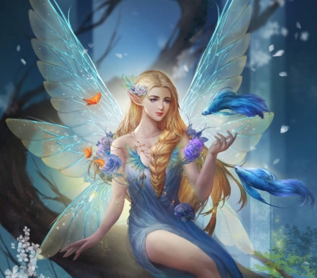 Fairy - girl, edenchang, fantasy, butterfly, luminos, blue, fish, fairy, peste