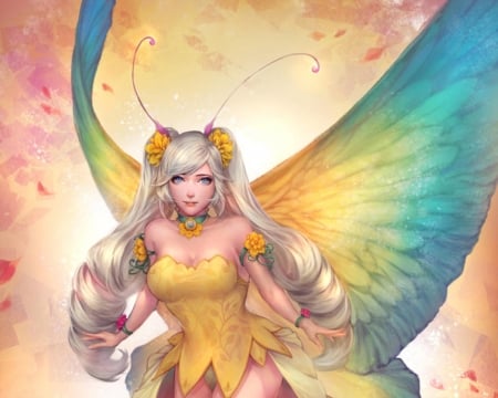 Fairy - fantasy, yellow, blue, wings, girl, fairy, edenchang, luminos