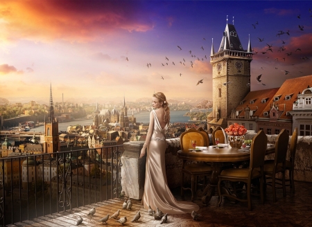 Evening on the terrace - bird, pasari, fantasy, sunset, girl, terrace, luminos