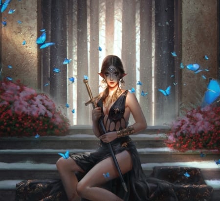 Julia between the trees - pink, black, gabriela dea, girl, art, fantasy, butterfly, tree, luminos