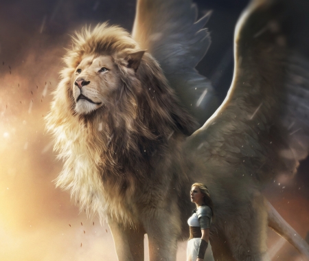 Aslan - fantasy, leu, wings, girl, lion, aslan, luminos, hosne qanadelo