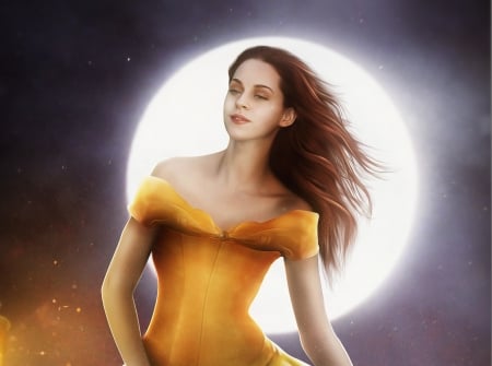 Belle - moon, hosne qanadelo, beauty and the beast, fantasy, belle, fanart, yellow, luminos, disney, luna