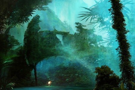 Jungle - fantasy, ignacio de la calle, luminos, blue, jungle, art, green