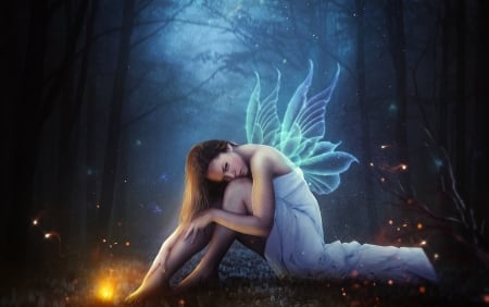 Fairy - wings, forest, fantasy, fairy, hosne qanadelo, luminos, girl, blue