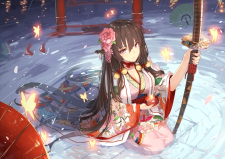 :) - weiyinji xsk, girl, red, blue, anime, water, kimono, manga