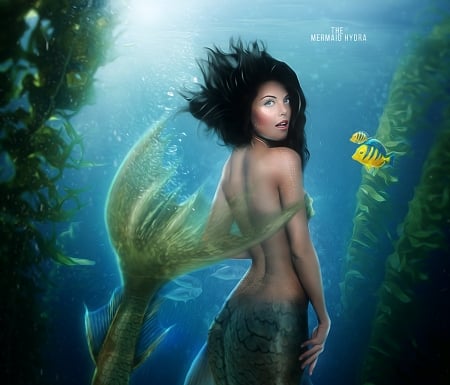 Mermaid - summer, water, hosne qanadelo, girl, blue, fantasy, mermaid, fish, sea, luminos, vara, underwater