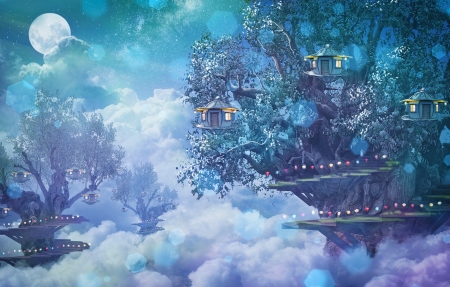 Elven city - moon, elf, fantasy, white, pink, blue, luminos, city, luna, annewipf