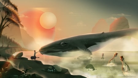 Sunset - whale, luminos, orange, summer, ahmet iltas, sunset, fantasy