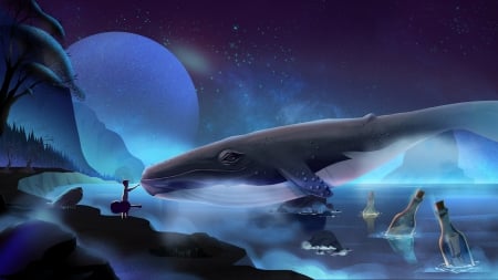 Moon Island - moon, whale, summer, blue, island, fantasy, ahmet iltas, vara, luminos, luna