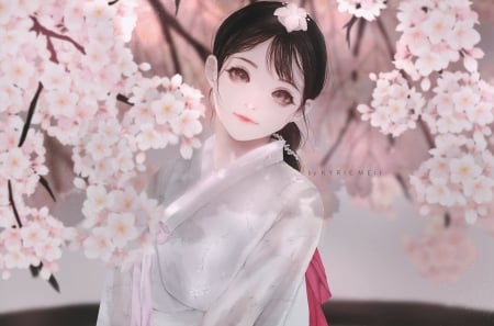 Girl - flower, pink, spring, kyrie meii, sakura, girl, fantasy, asian, luminos