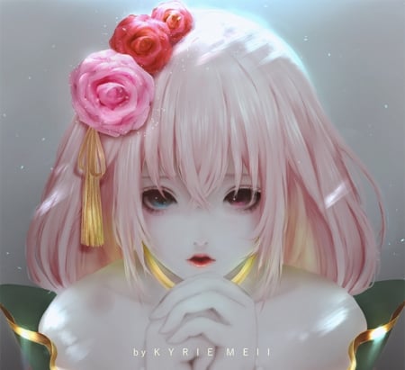 Girl - fantasy, girl, face, kyrie meii, flower, pink, luminos