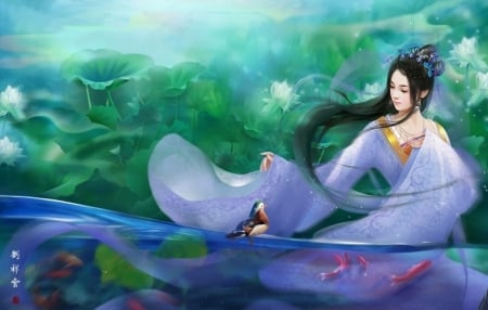 Fantasy girl - duck, water, blue, girl, fantasy, green, lake, asian, luminos