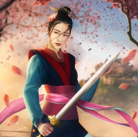 Mulan - fantasy, mulan, wind, girl, asian, hosne qanadelo, luminos