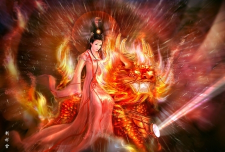 :) - hiliuyun, lion, girl, asian, fire, fantasy