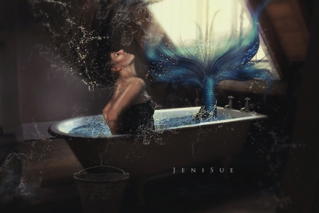 Mermaid - summer, fantasy, jenny sue, mermaid, bath, luminos, girl, blue