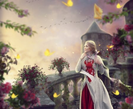 :) - girl, terrace, castle, luminos, fantasy, mumu0909