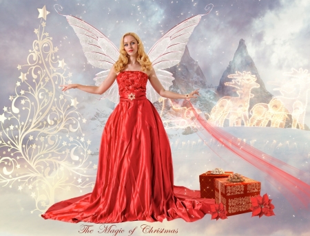 Magical Christmas - red, winter, craciun, girl, wings, fantasy, magical christmas, fairy, orchidea, luminos