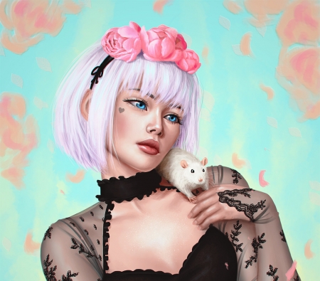 Toshia - paulina bochniak, fantasy, wreath, blue, girl, mouse, pink, luminos