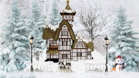 House in the Forest - house, snowman, Firefox theme, lamp posts, winter, snow, forest, home, dogs, huskies