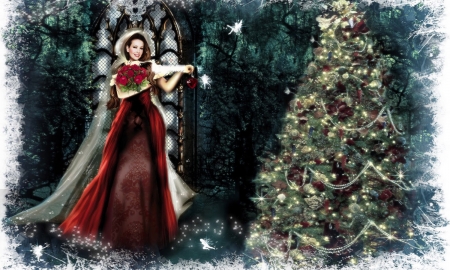 Dressing the Christmas Tree - Woman, christmas, winter, holiday, beauty, feminine, tree