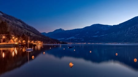 Lake at Night - boats, nature, lights, lake, mountains, sky