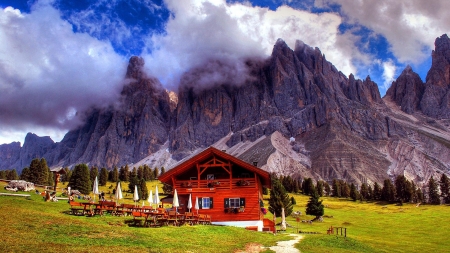 Restaurant chalet in the Italian Dolomites - clouds, trees, alps, cabin, dolomites, valley, italian, village, nature, mountains, chalet