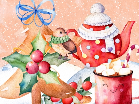 Merry Christmas - cocoa, coffee, merry christmas, watercolor, christmas