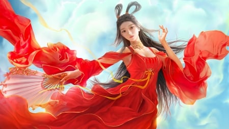 Scarlett - woman, girl, wallpaper, fantasy, art, pretty, red, oriental, digital