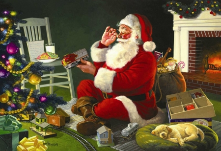 Favorite delivery - craciun, tom newsom, christmas, art, pictura, santa, painting, man, dog